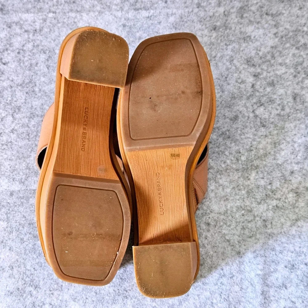 Lucky Brand Womens Tan Leather Beaded Thong Platform Block Heel Sandals Size 9M - Picture 8 of 10